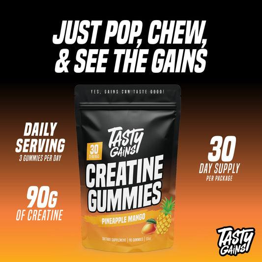 TASTY GAINS close-up de gomitas mostrando textura masticable y sabor