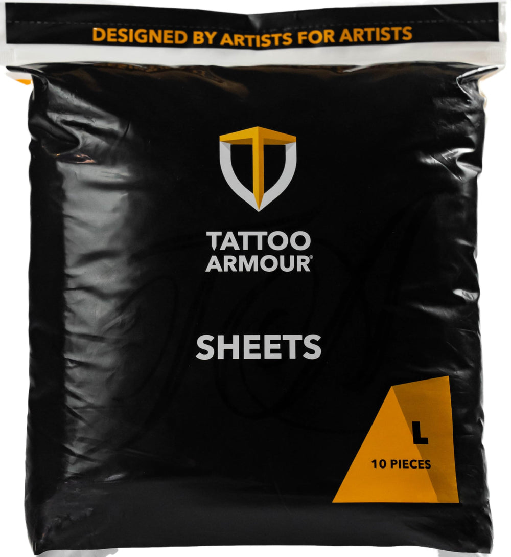 Tattoo Armour embalaje frontal mostrando 10 láminas grandes y protección