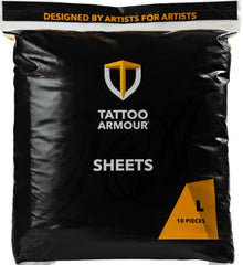 Tattoo Armour embalaje frontal mostrando 10 láminas grandes y protección