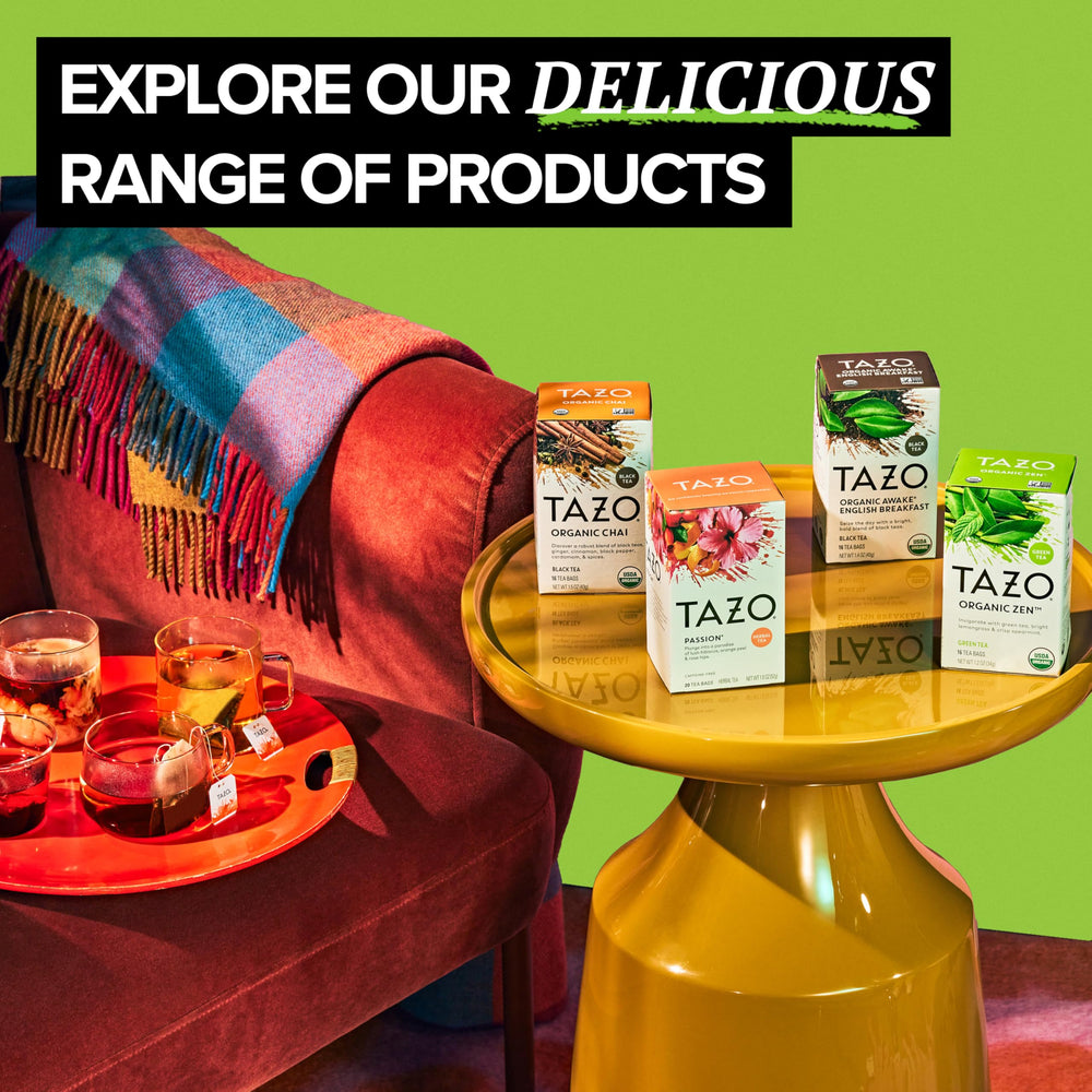 TAZO etiqueta con sellos orgánico Non-GMO y Kosher, garantía de certificaciones