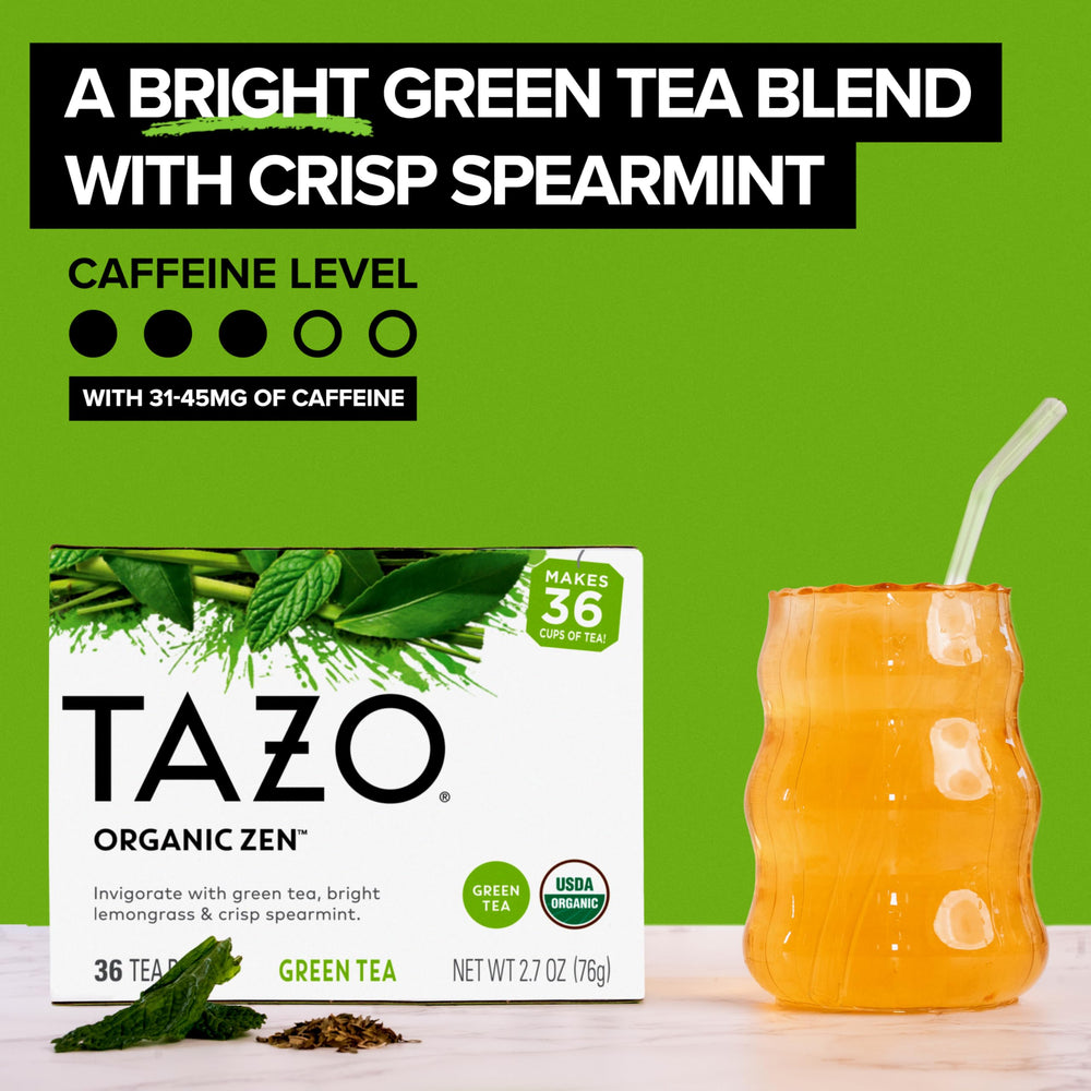 TAZO taza lista con infusión clara, muestra aspecto refrescante y balanceado