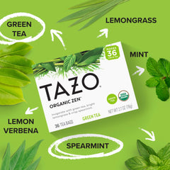 TAZO hojas de té verde secas cerca, evidencia calidad y aroma vegetal