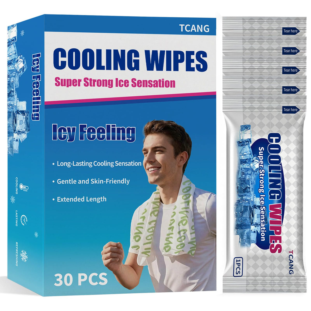 TCANG frontal del paquete mostrando 30 toallitas y frescura instantánea