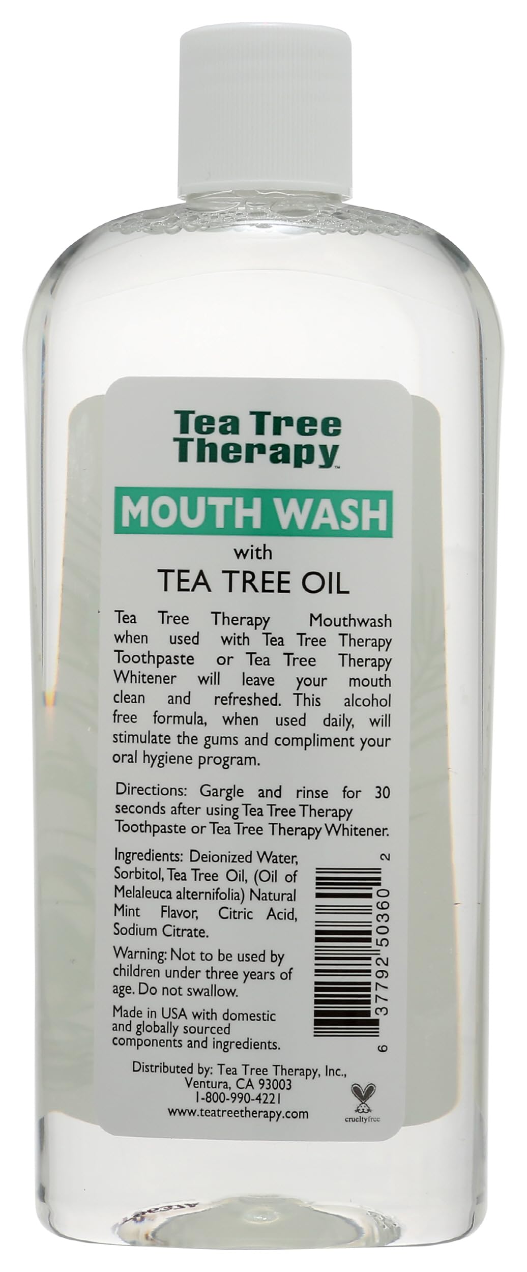 Tea Tree Therapy etiqueta legible con información y beneficios claros