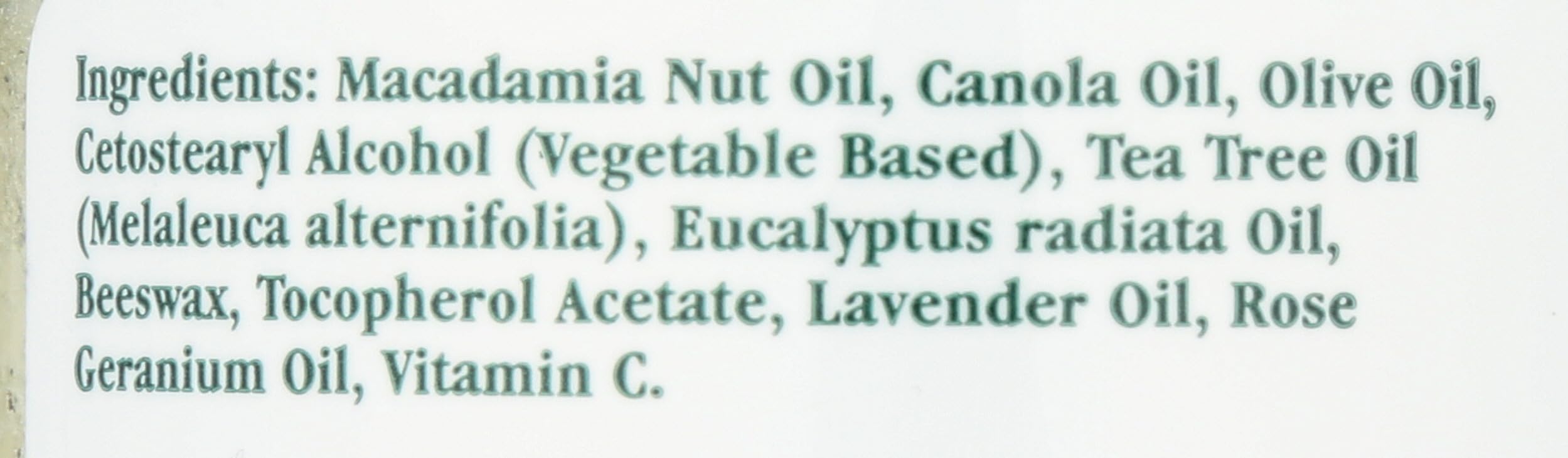 Tea Tree Therapy etiqueta con ingredientes principales y lectura legible