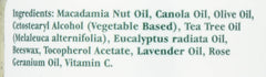 Tea Tree Therapy etiqueta con ingredientes principales y lectura legible