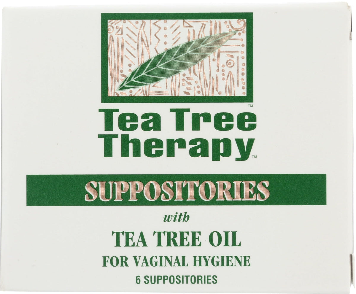 Tea Tree Therapy caja frontal con seis supositorios mostrando formato y conveniencia