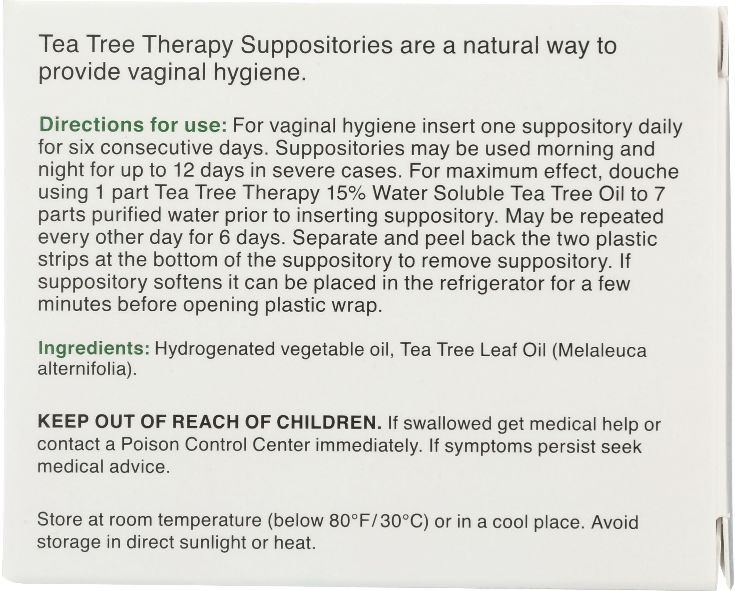 Tea Tree Therapy primer plano de un supositorio resaltando forma y facilidad de inserción