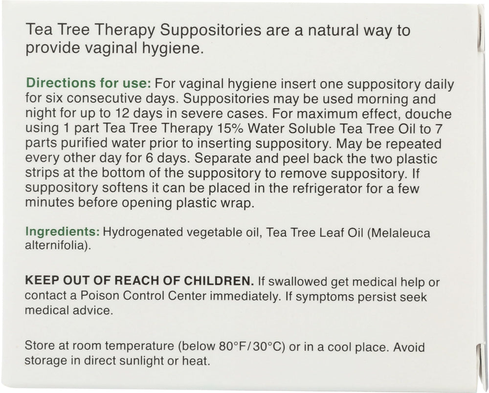 Tea Tree Therapy primer plano de un supositorio resaltando forma y facilidad de inserción