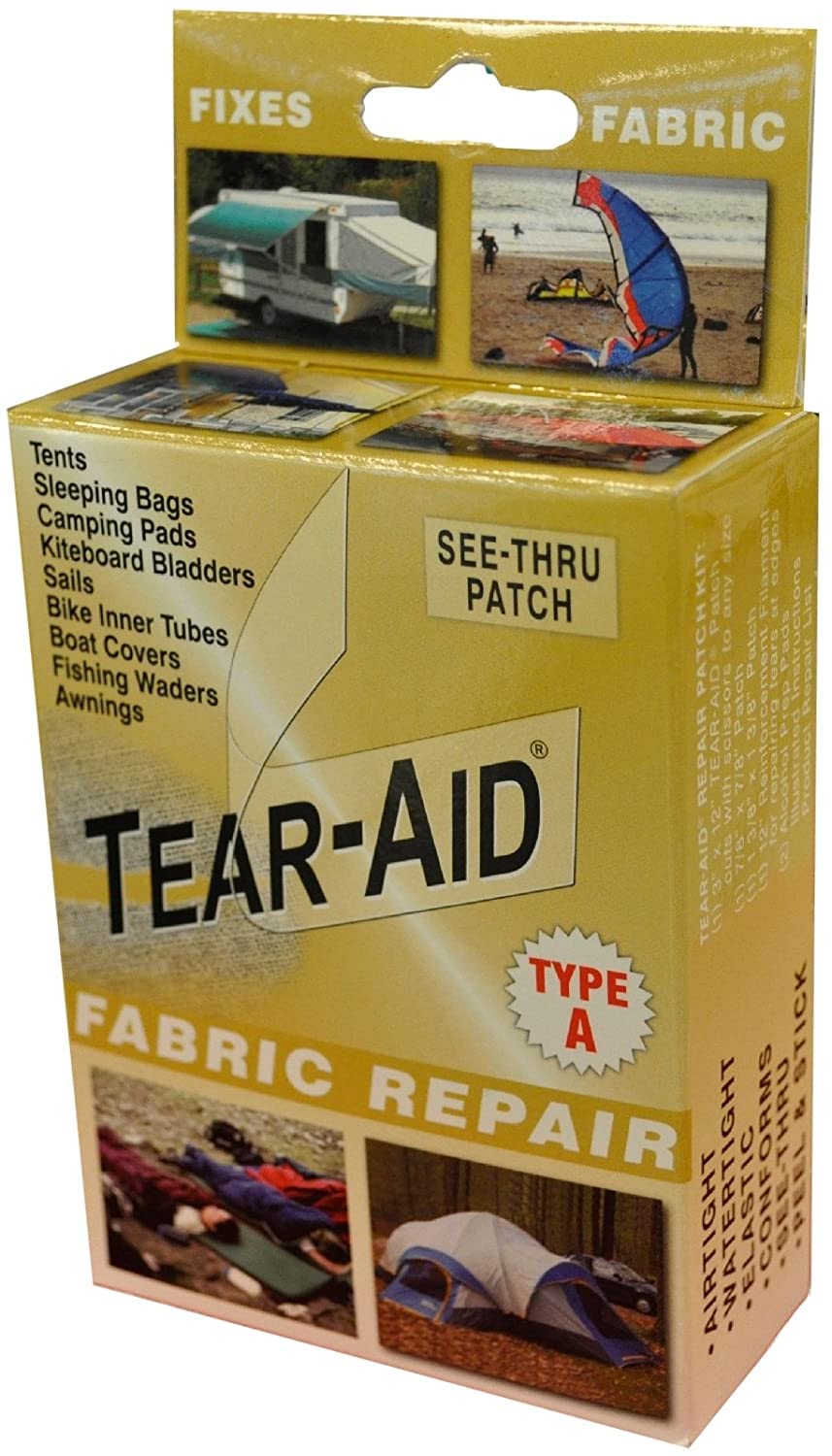 TEAR-AID parche frontal del paquete mostrando los parches y filamento, reparación rápida