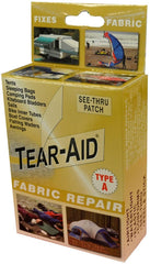 TEAR-AID parche frontal del paquete mostrando los parches y filamento, reparación rápida