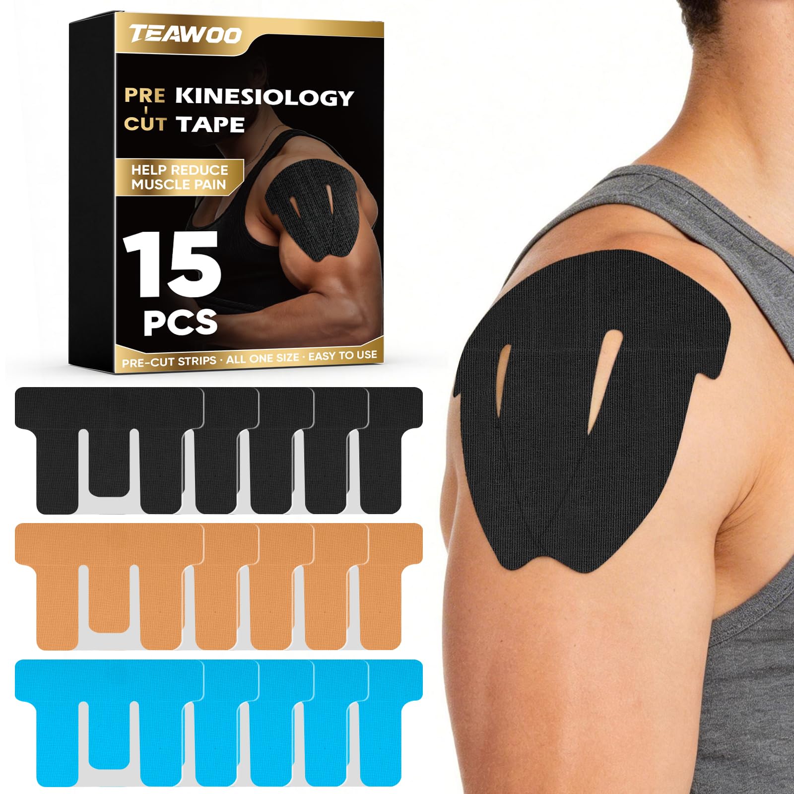 TEAWOO frente del paquete de 15 tiras precortadas para hombro, práctico y listo para usar