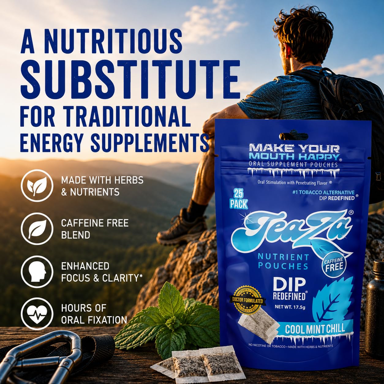 TeaZa pouch en boca demostrando uso discreto y experiencia refrescante