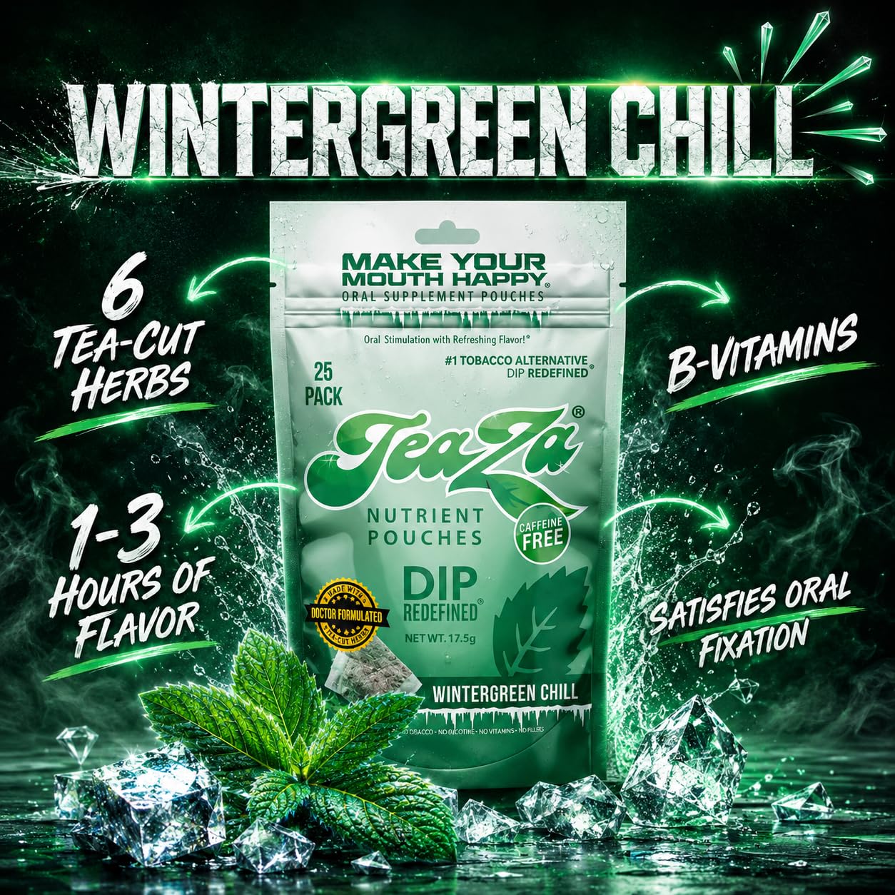 Primer plano de una bolsita TeaZa Wintergreen mostrando textura y sellado confiable