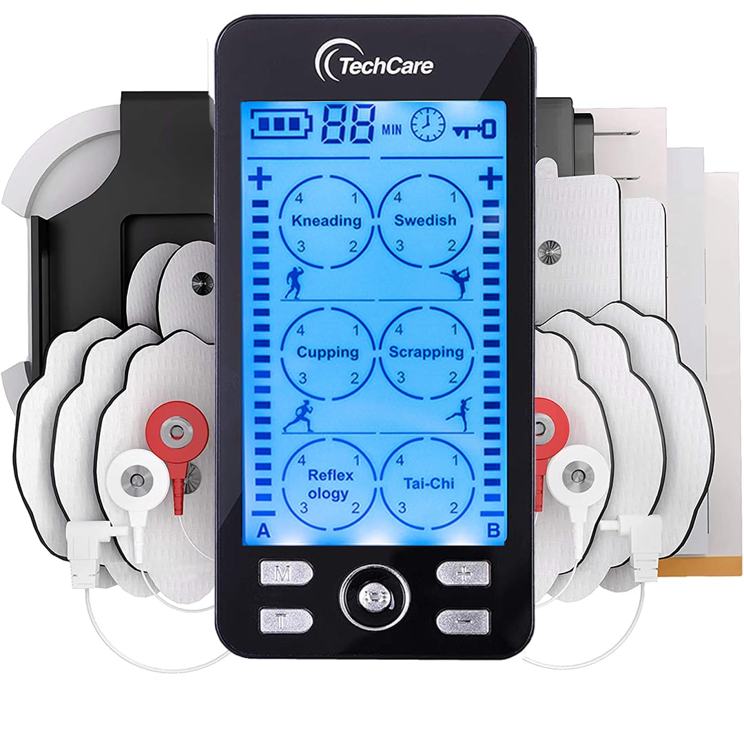 TechCare Massager vista frontal mostrando controles y beneficio de uso sencillo