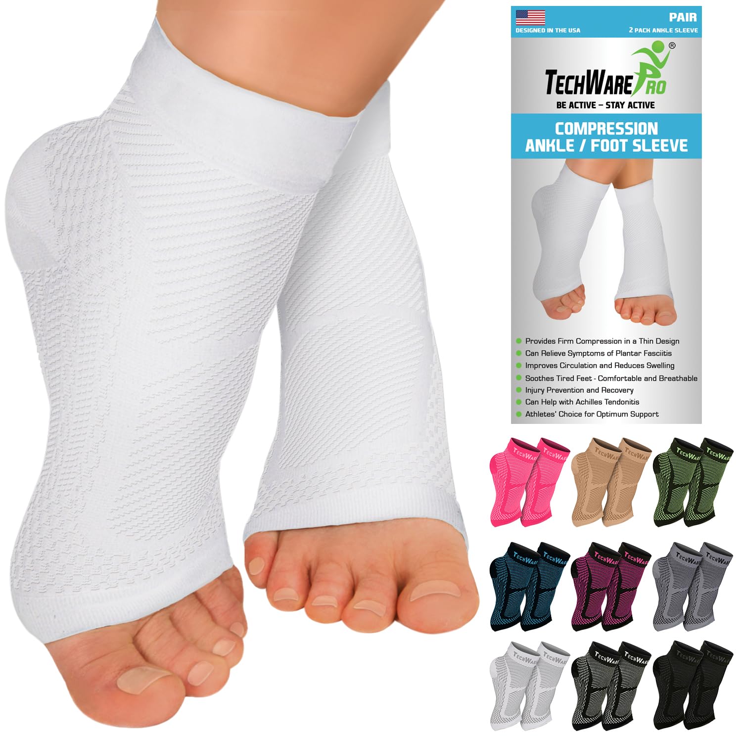 TechWare Pro vista frontal de la manga tobillera blanca con soporte y confort