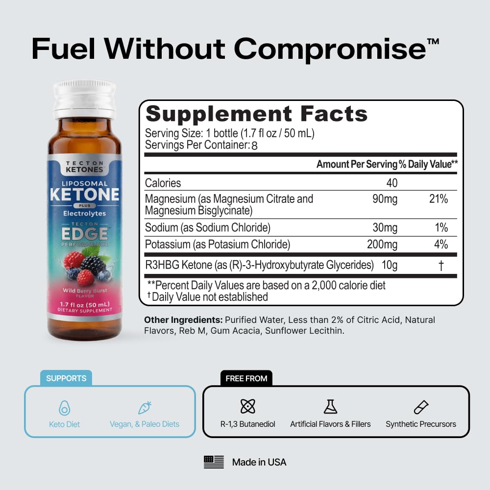 Tecton Ketones ingredientes con electrolitos Na Mg K para apoyo hídrico