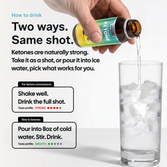 Tecton Ketones shot en mano para comparar tamaño y portable, ideal para llevar en viaje