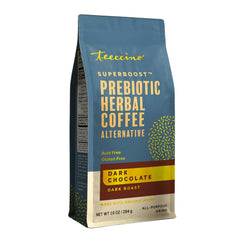 Teeccino envase frontal mostrando la marca y beneficios sin cafeína