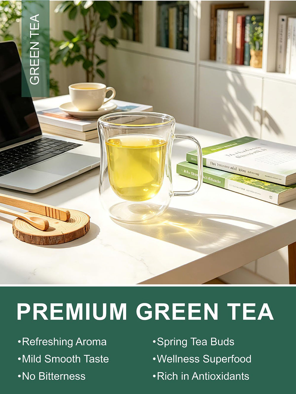 TeeLux taza con té infusionándose, aporta imagen de sabor fresco