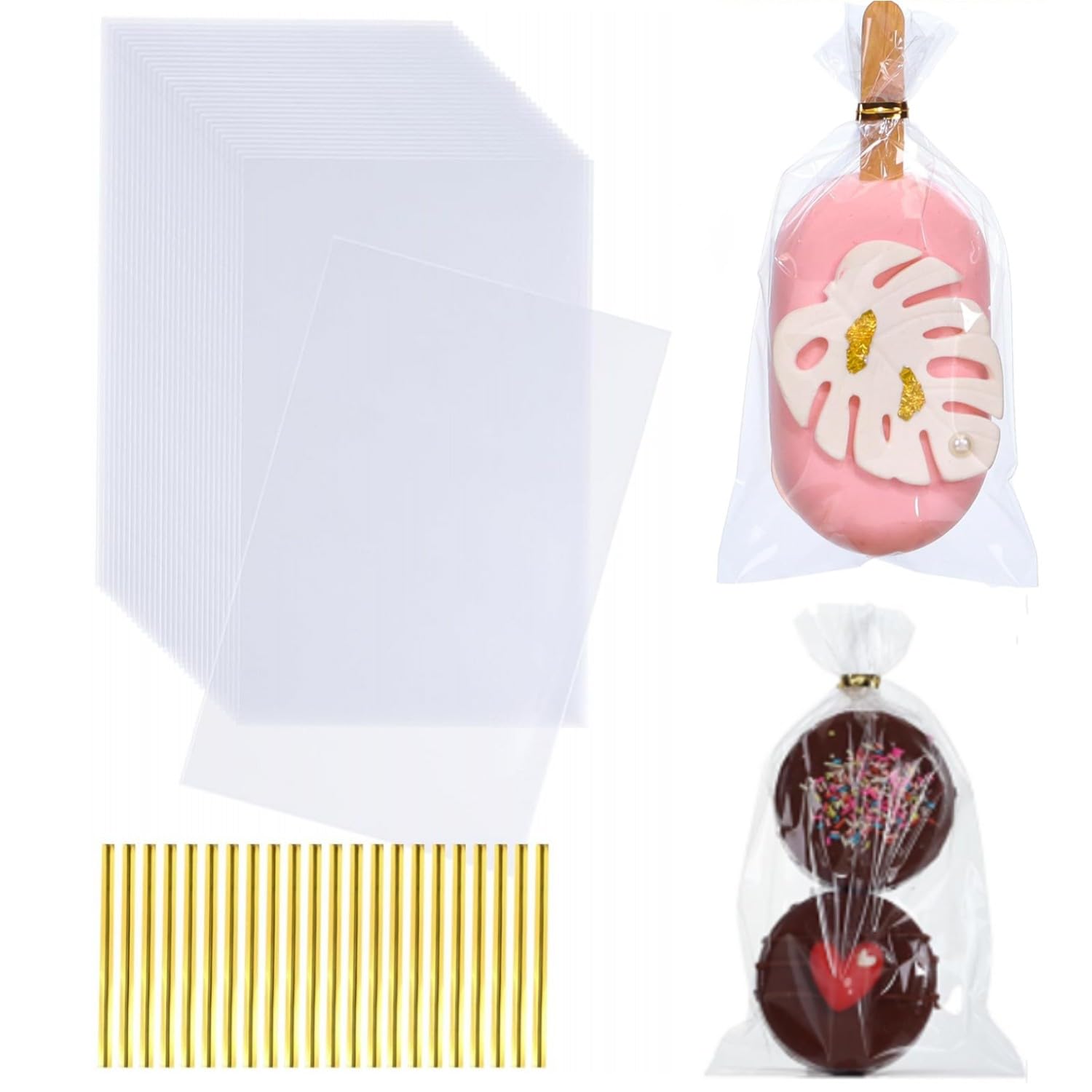 TEMLQPACK frente del paquete mostrando 200 bolsas y lazos dorados, práctico para eventos