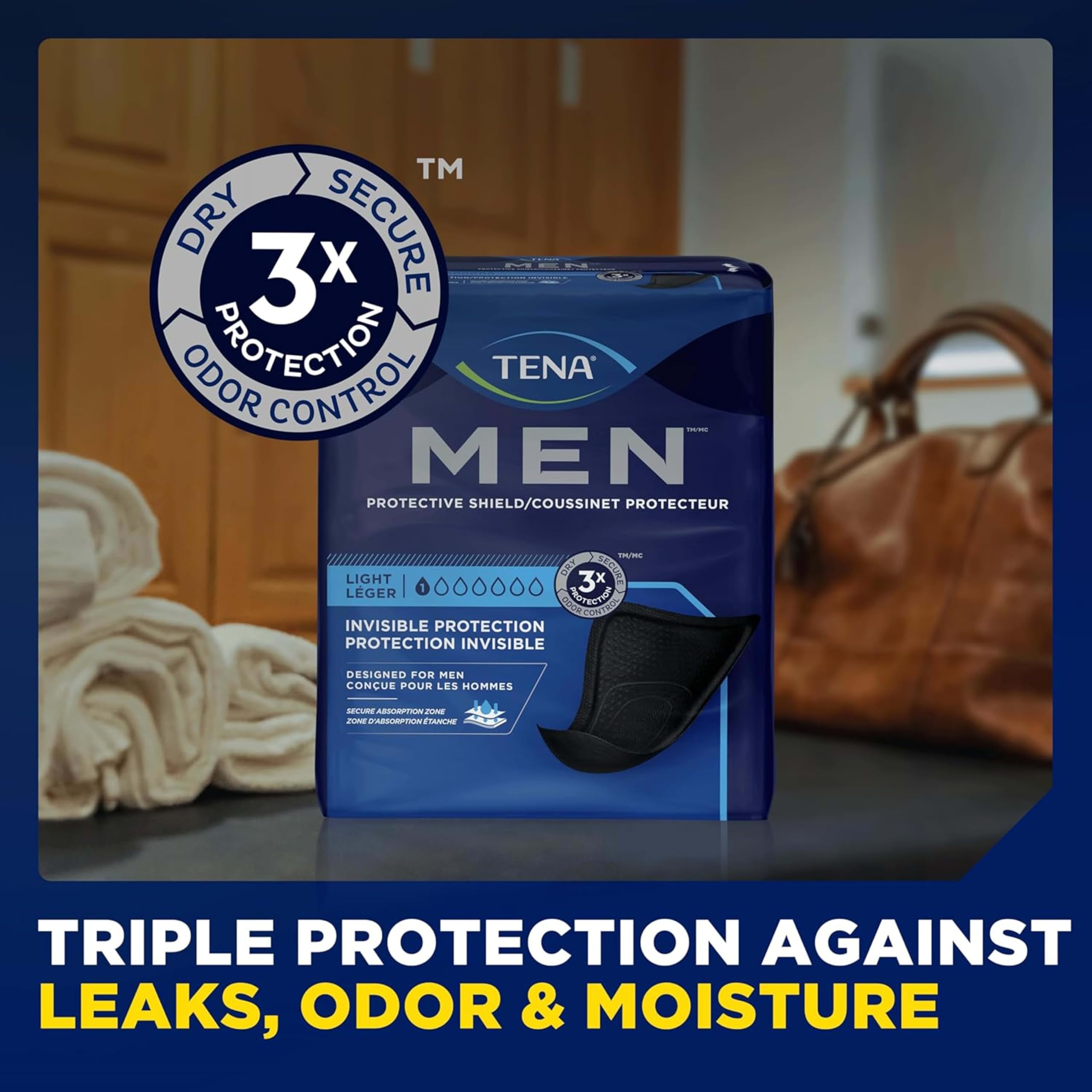 TENA protector negro sobre ropa oscura para discreción visual durante el día
