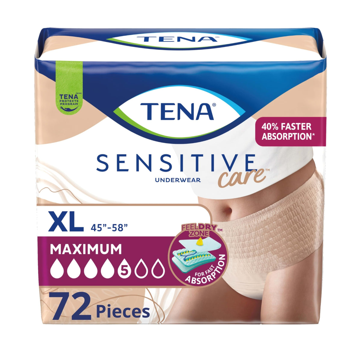 TENA empaque frontal mostrando 72 bragas y beneficio de protección máxima