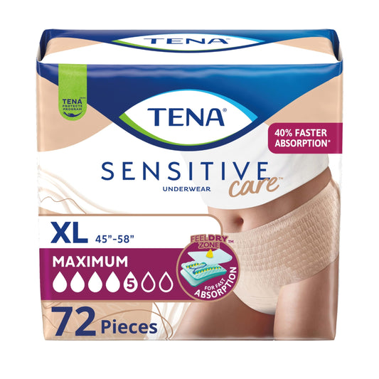 TENA empaque frontal mostrando 72 bragas y beneficio de protección máxima