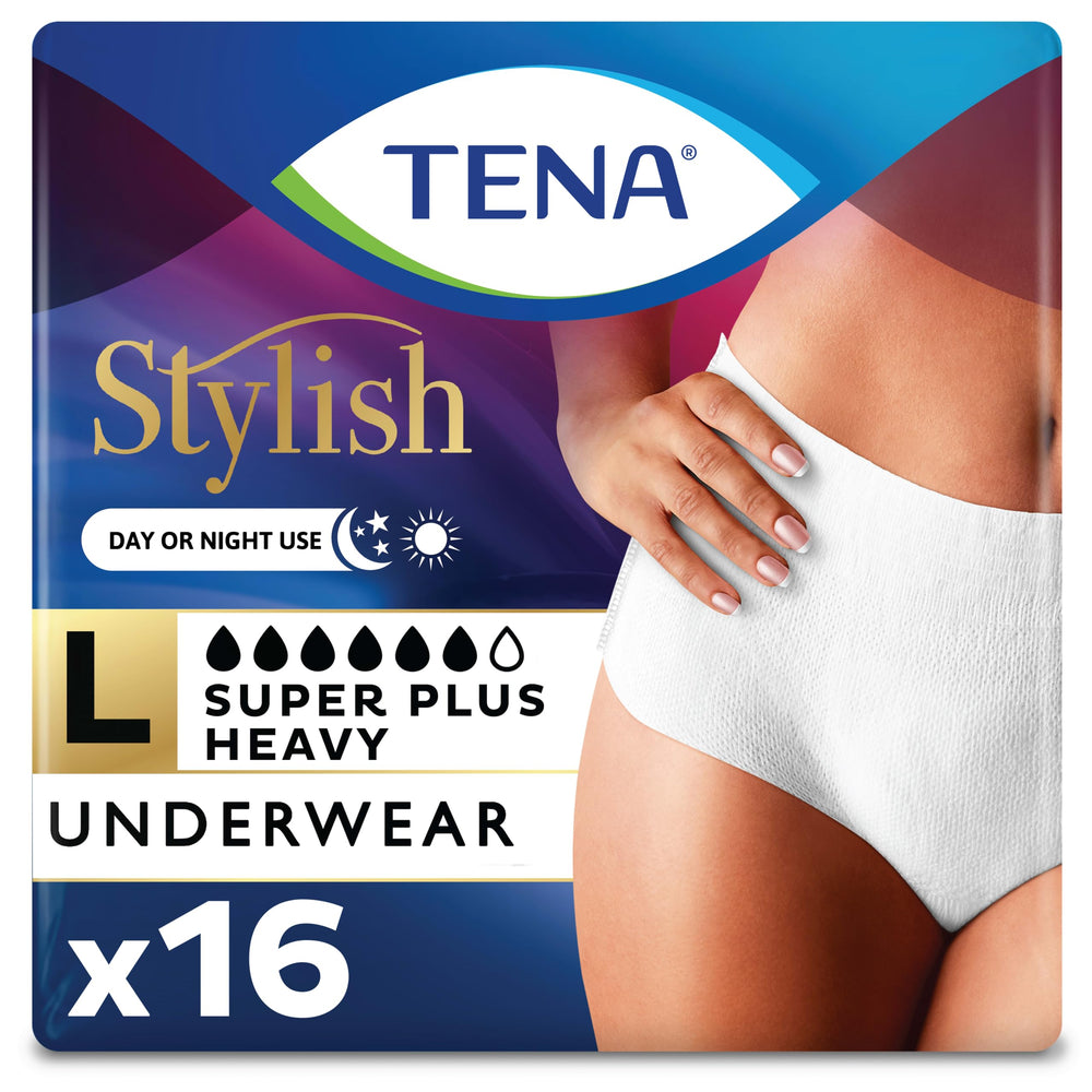 TENA paquete frontal mostrando 16 unidades y diseño discreto para confianza