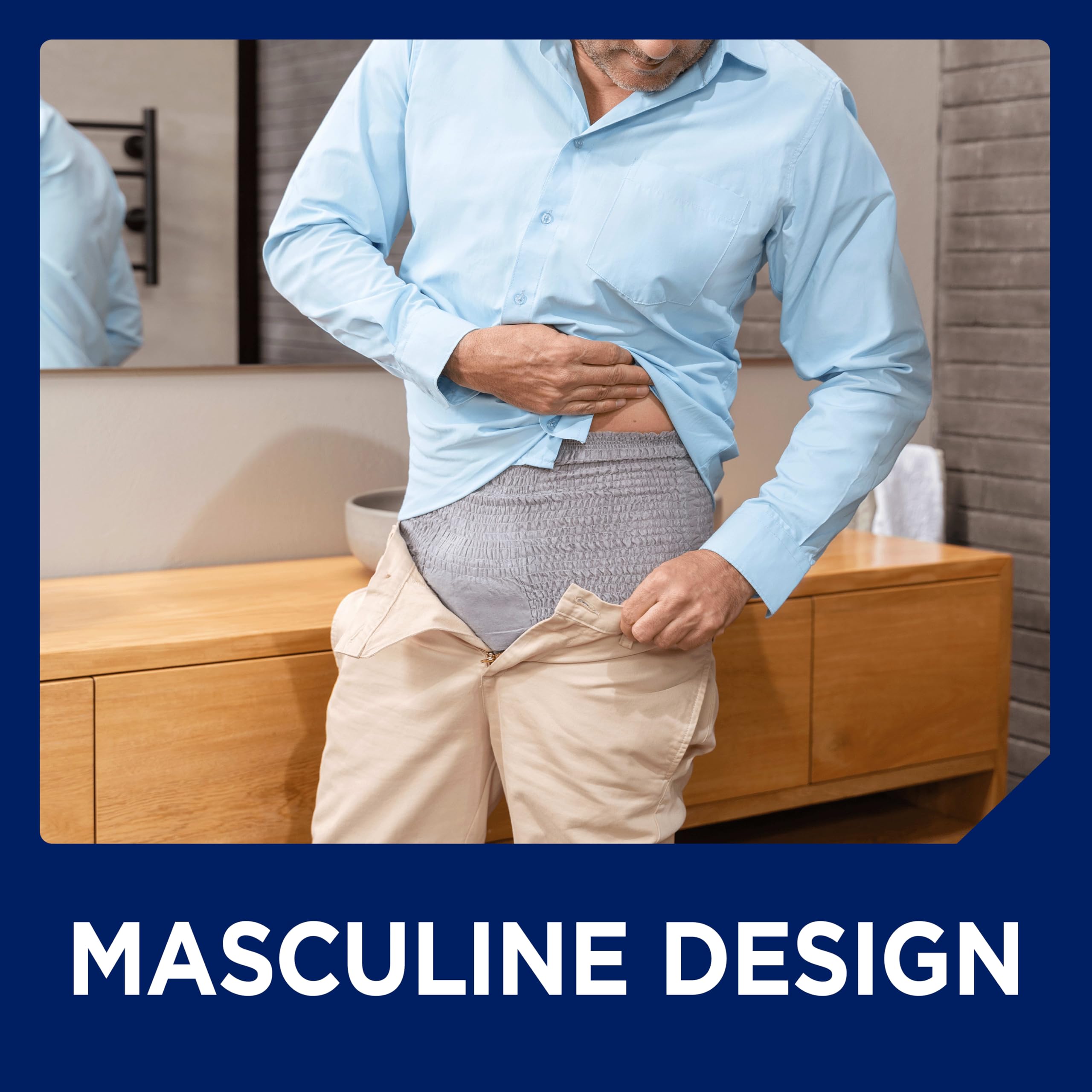 TENA hombre usando bajo pantalón mostrando discreción y confianza