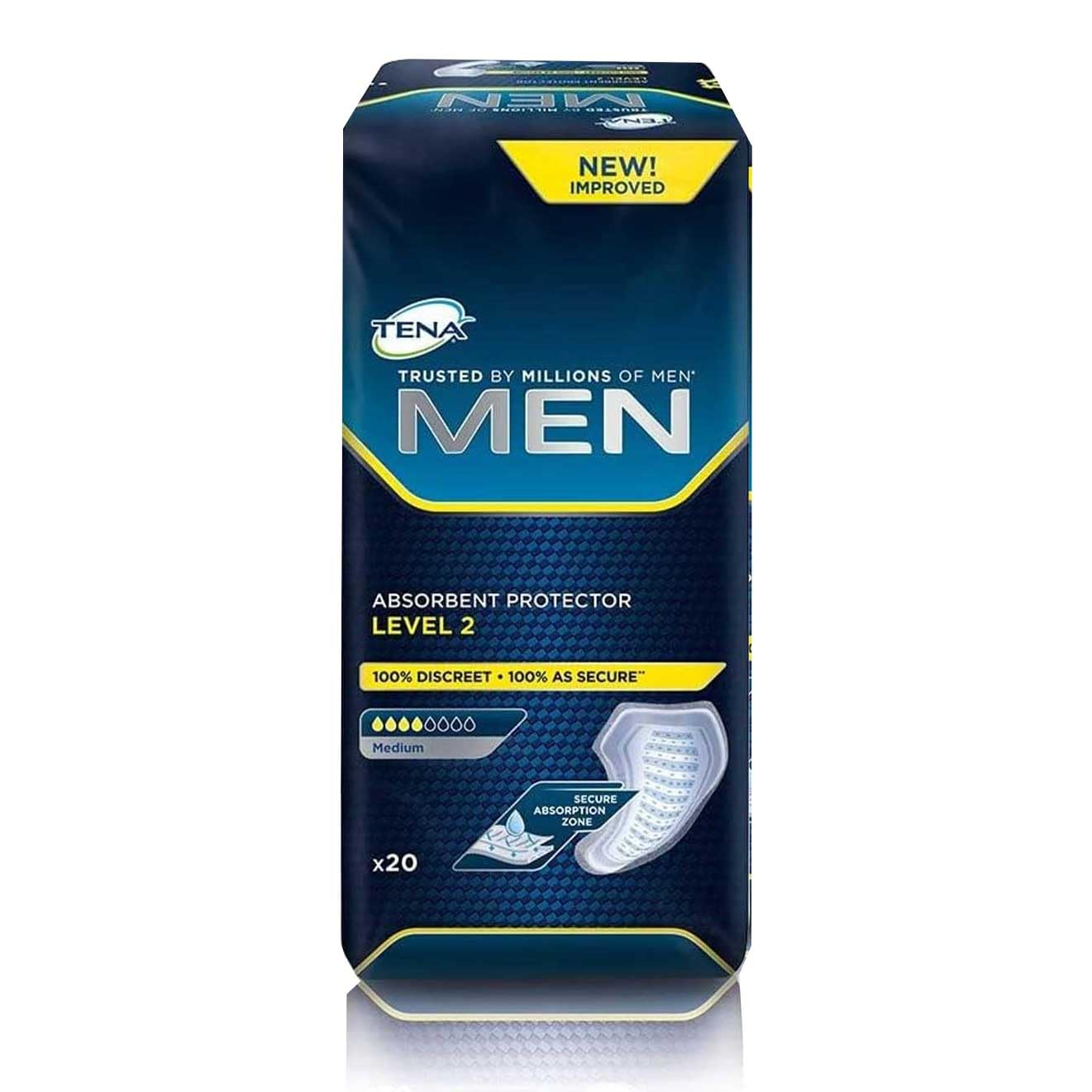 TENA Men vista frontal del paquete mostrando diseño y cantidad - confianza discreta