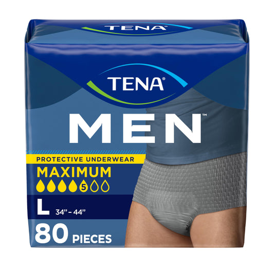 TENA Men frontal del empaque mostrando cantidad y talla, confianza discreta
