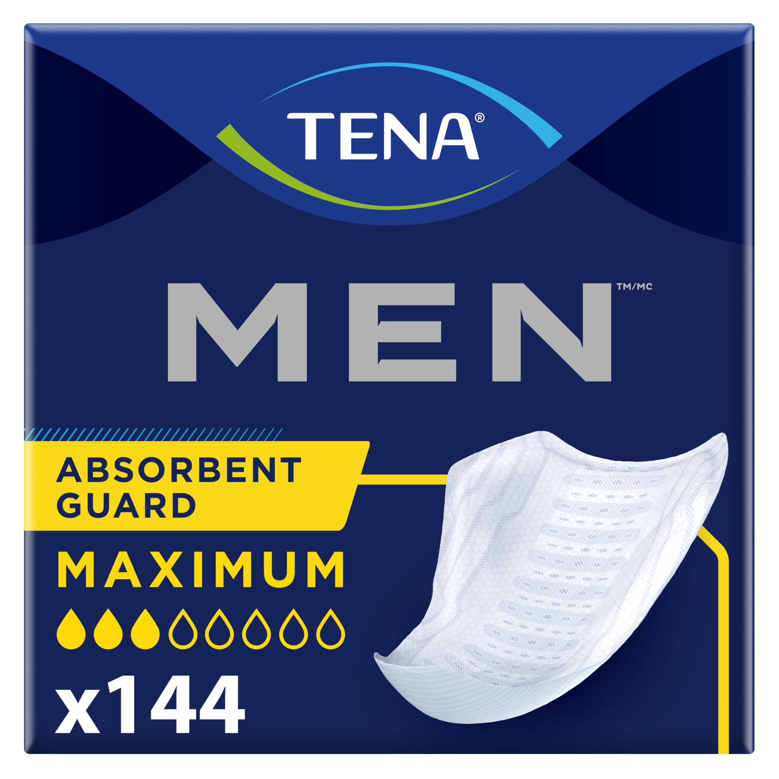 TENA empaque frontal mostrando paquete de 144 unidades y conveniencia