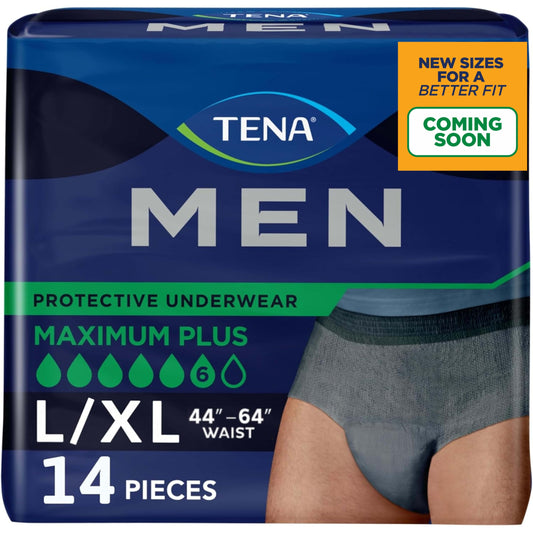 TENA Men Maximum Plus frontal del embalaje que muestra la talla L/XL y 14 unidades