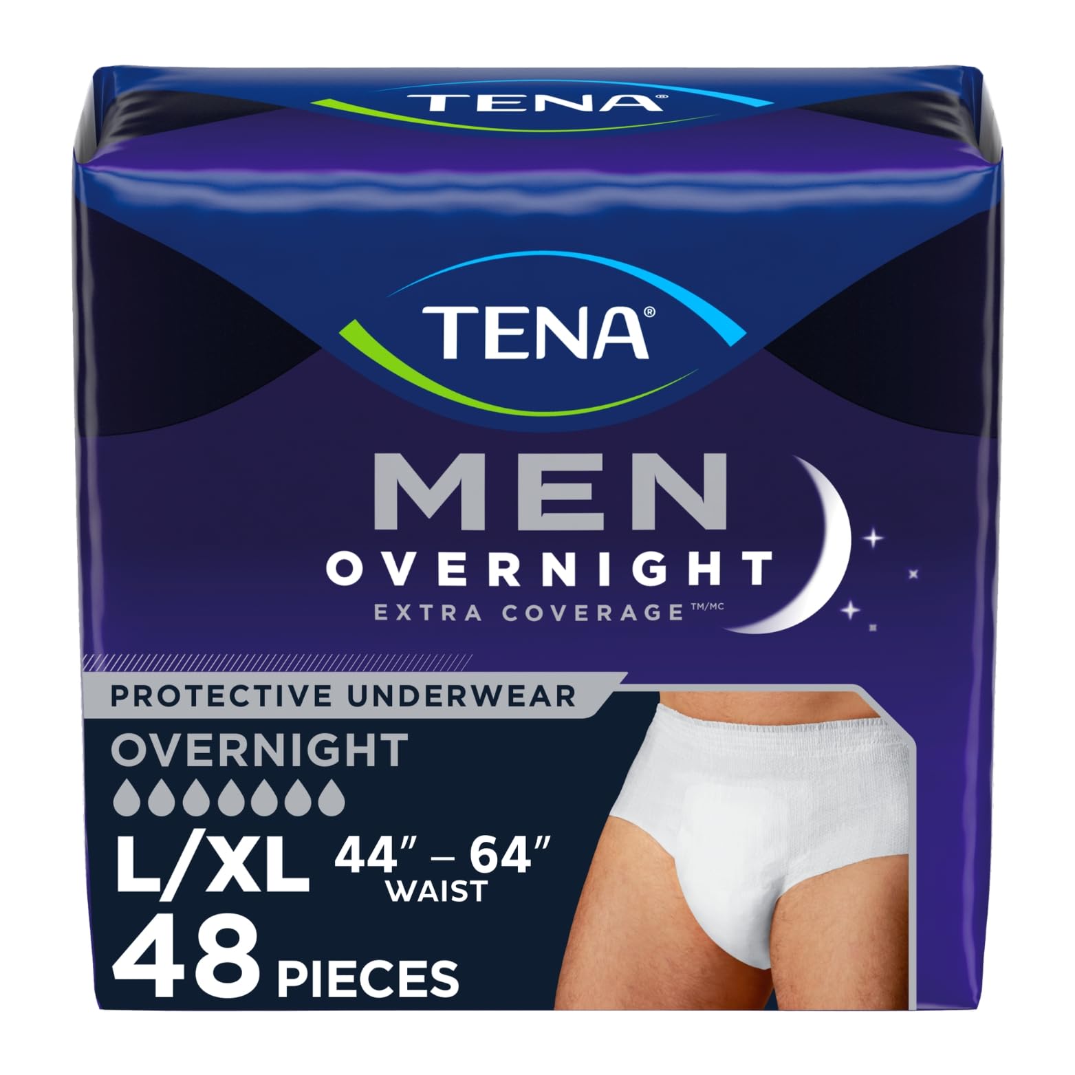 TENA frontal del paquete mostrando 48 unidades y diseño masculino, confianza discreta