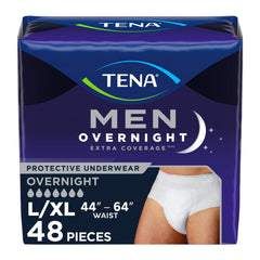 TENA frontal del paquete mostrando 48 unidades y diseño masculino, confianza discreta