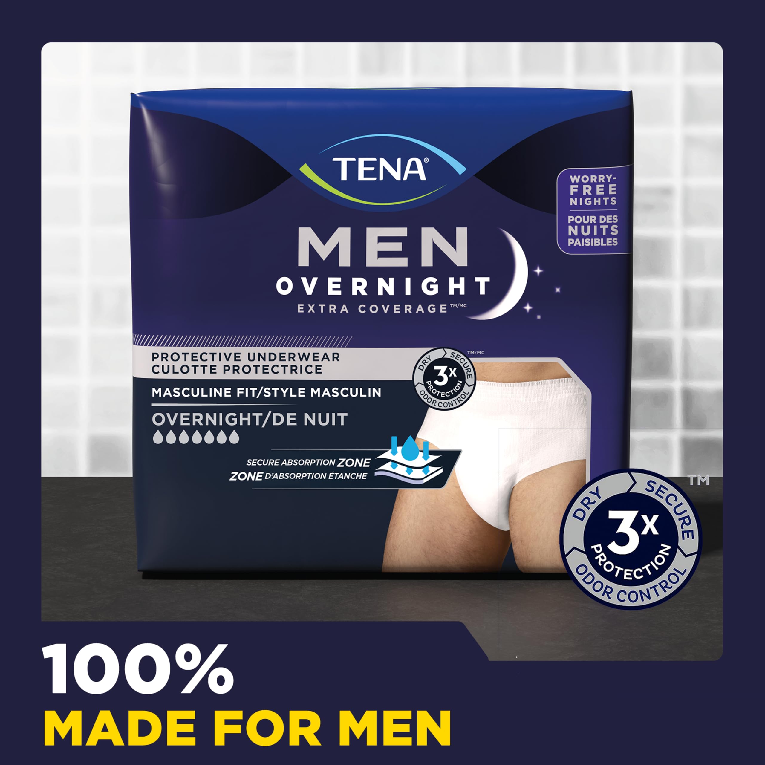 TENA hombre usando la prenda en cama para protección nocturna confiable