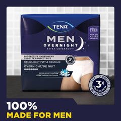 TENA hombre usando la prenda en cama para protección nocturna confiable