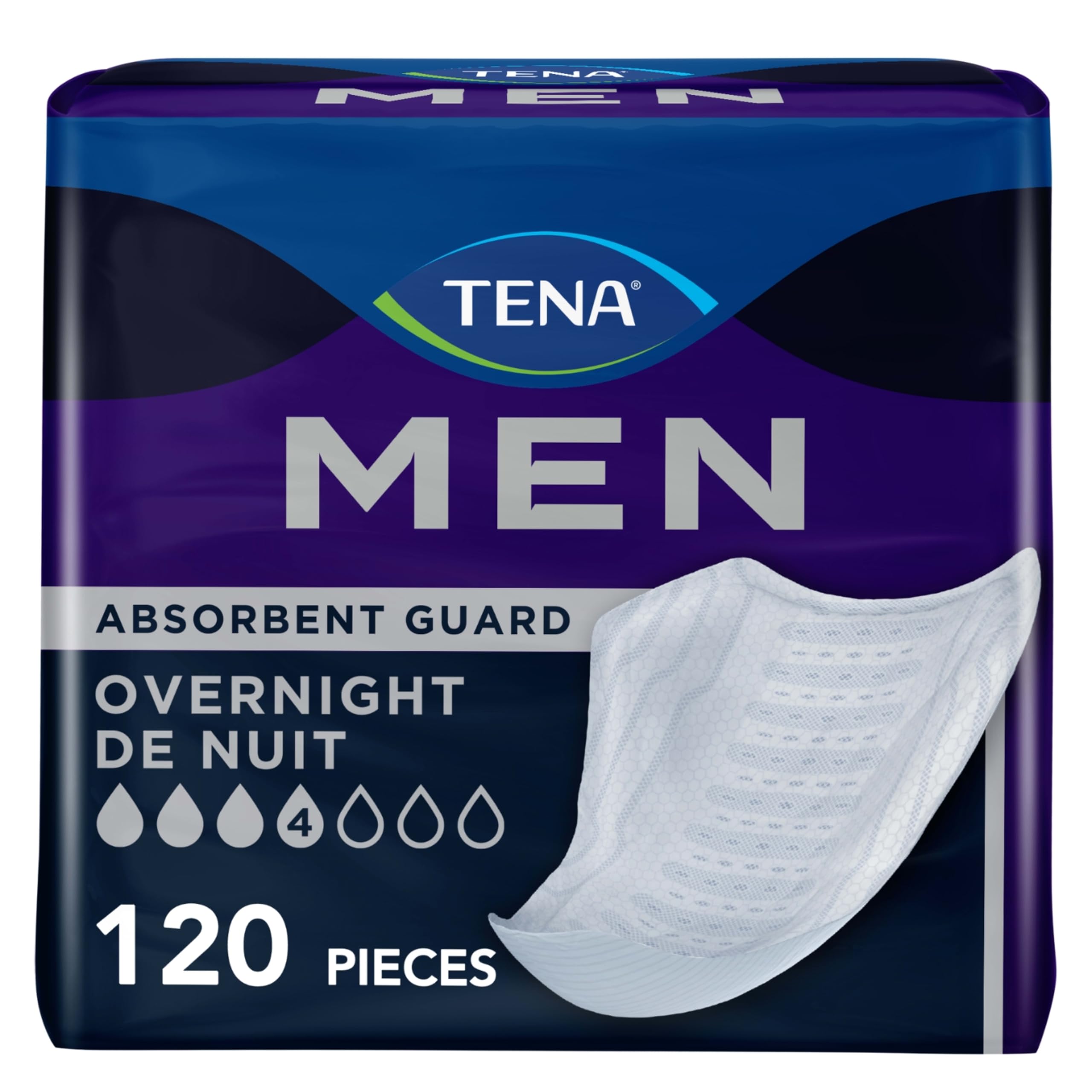 TENA protector frontal en empaque mostrando protección nocturna