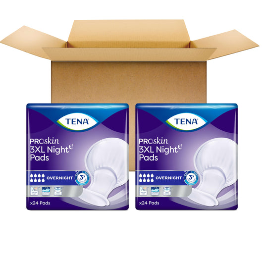 Almohadilla TENA ProSkin 3XL desplegada mostrando la forma y mayor área protectora