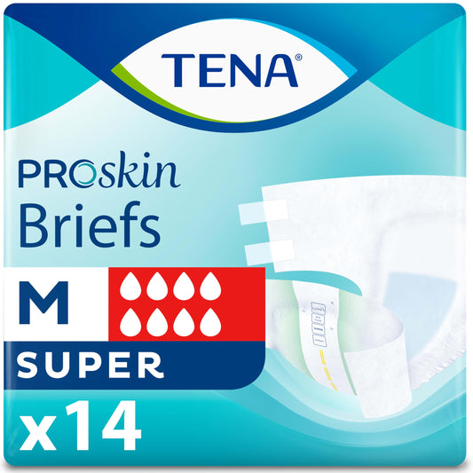 TENA ProSkin frente del paquete mostrando cantidad y talla, beneficio: identificación rápida