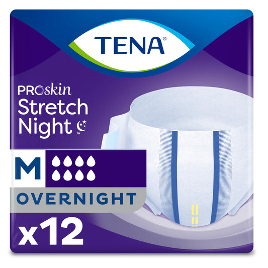 TENA paquete frontal con 12 unidades que muestra protección nocturna