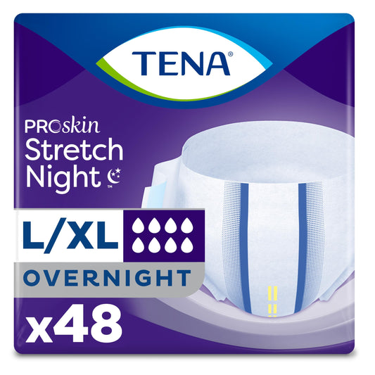 TENA paquete frontal mostrando el producto y beneficio de protección nocturna