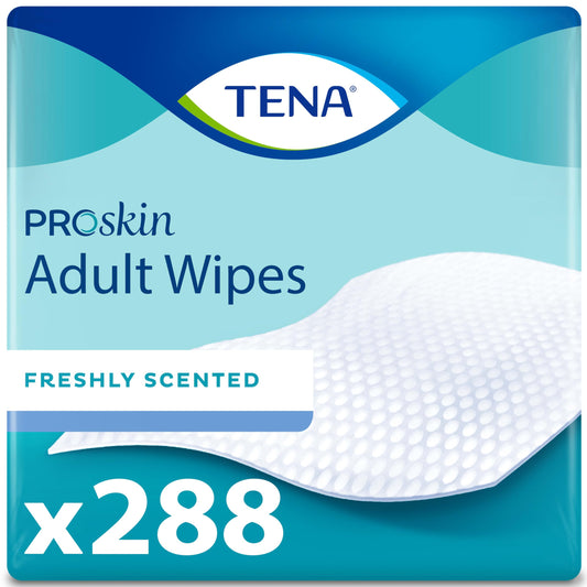TENA ProSkin paquete frontal mostrando 288 unidades y ventaja de stock