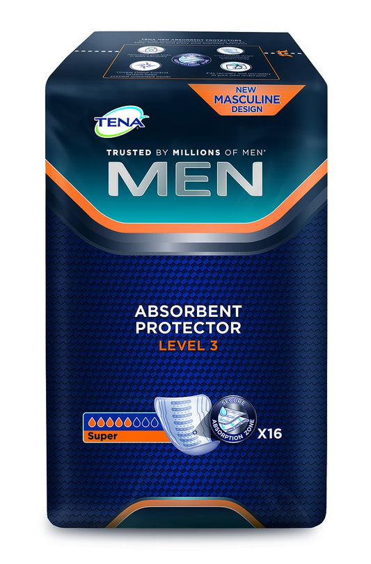 TENA protector hombre frontal mostrando forma anatómica y discreción