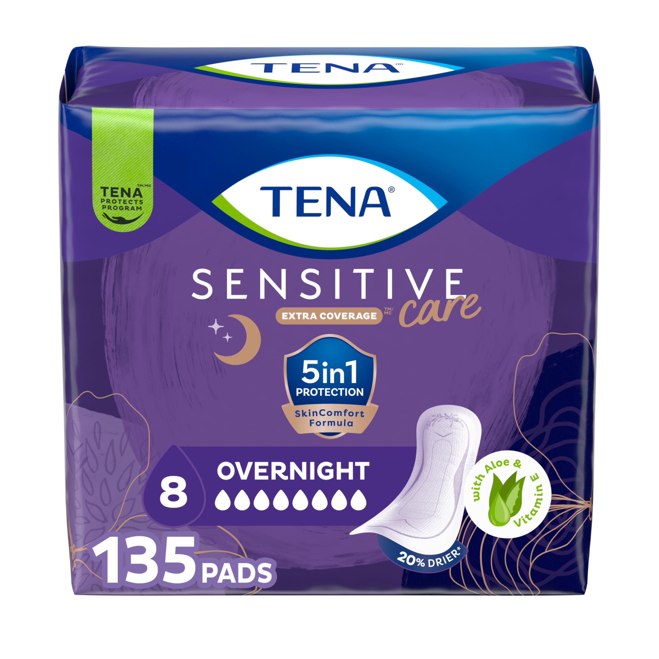 TENA paquete frontal mostrando 135 unidades y protección nocturna