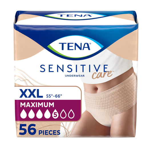 TENA paquete frontal mostrando diseño y cantidad, confianza discreta
