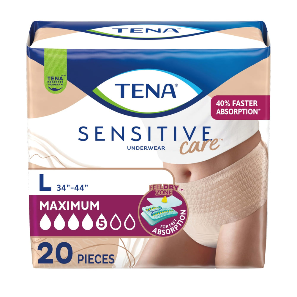 TENA empaque frontal mostrando la caja y beneficio de absorción rápida