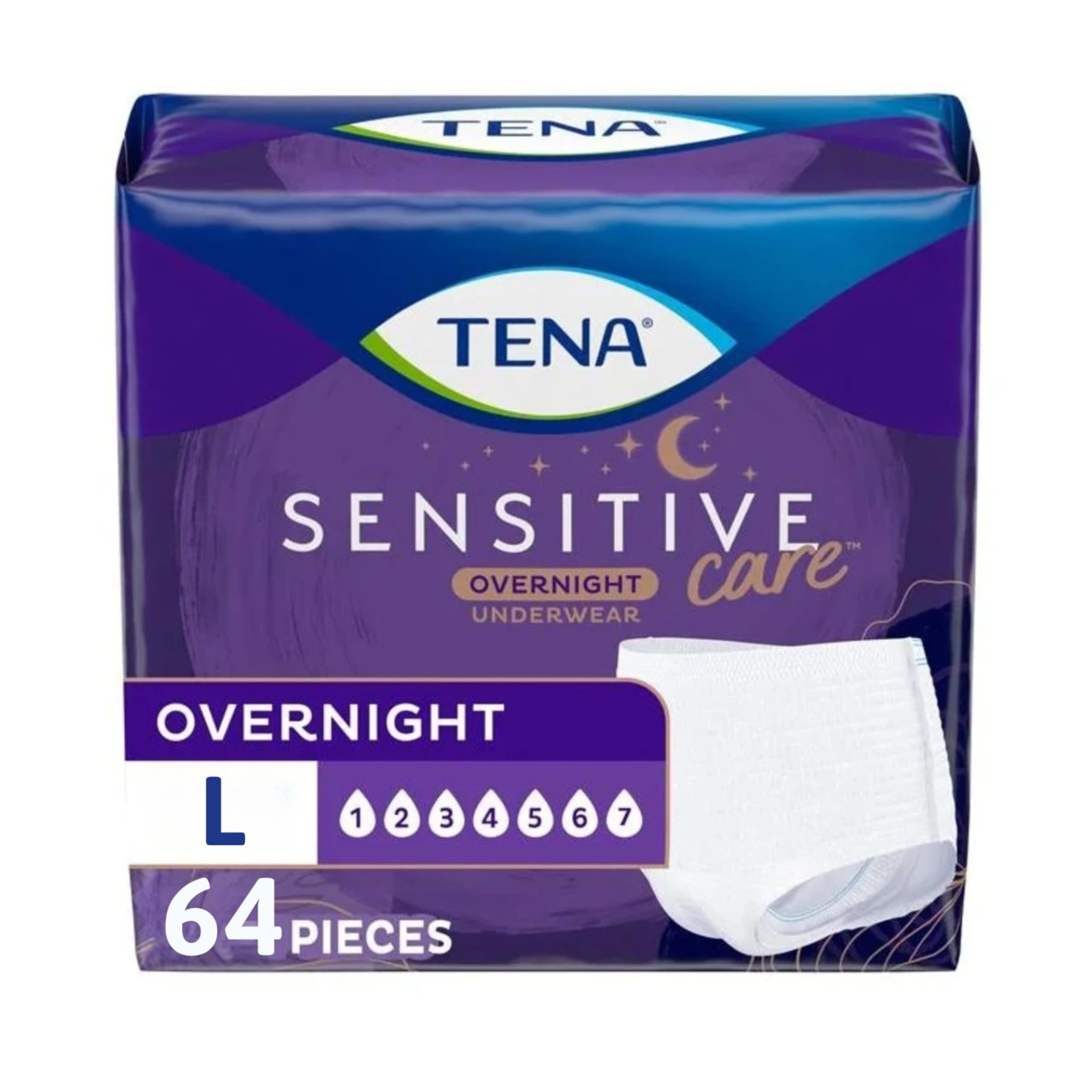 TENA empaque frontal mostrando protección nocturna y 64 unidades