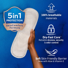 TENA compresa larga mostrando cobertura extra y comodidad